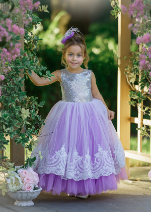 Silver Sequin Purple Tulle V Back Twirl Flower Girl Dress